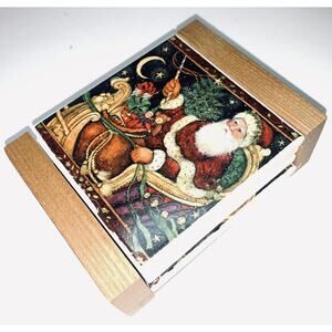 Absorbent Stone 4 Coaster Set St Nicholas Wood Tray Boxed Santa Christmas NOS